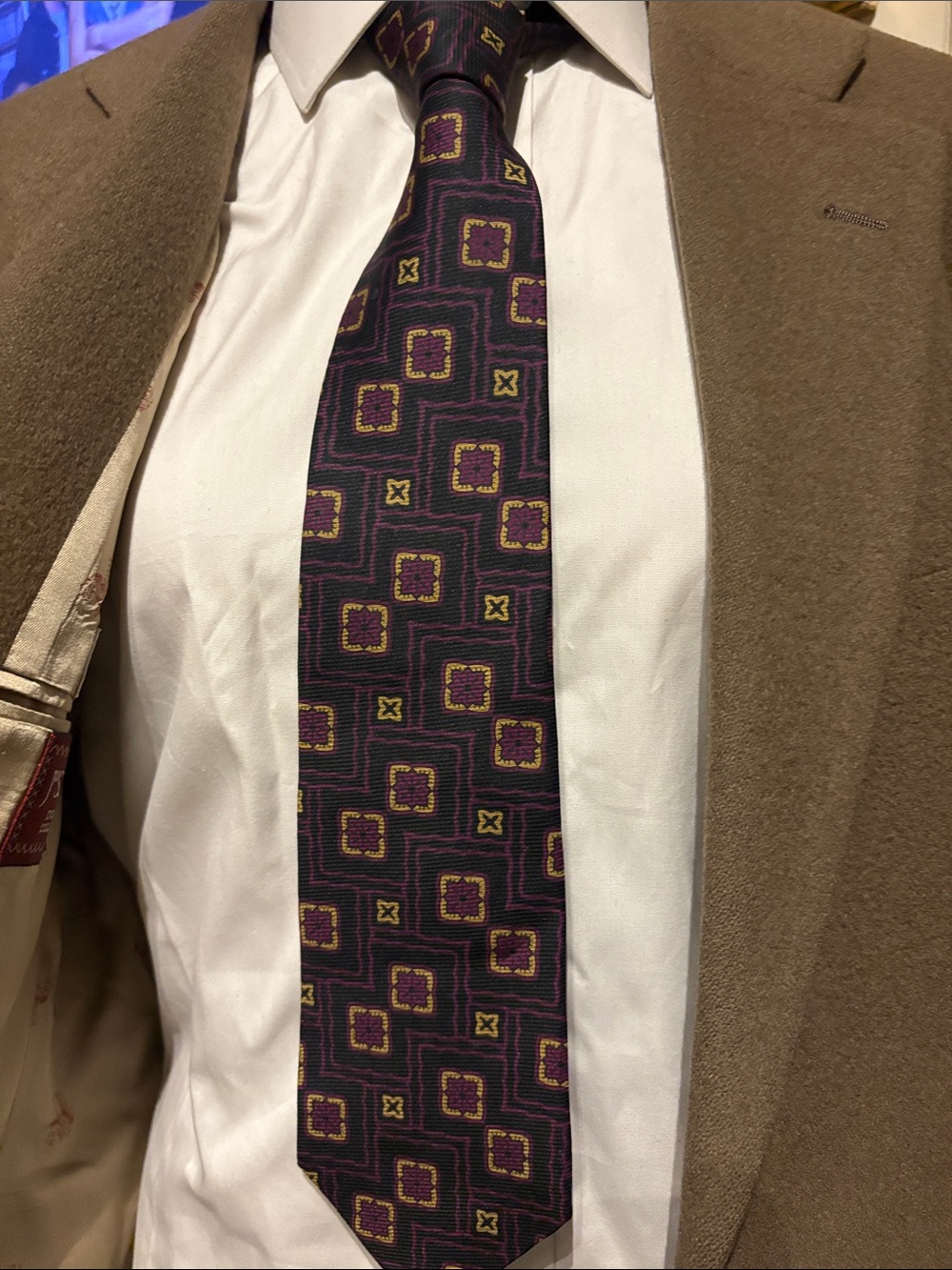 Burberry Purple and Gold Geometric Silk Tie